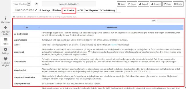 Forhåndsvisning av tabell