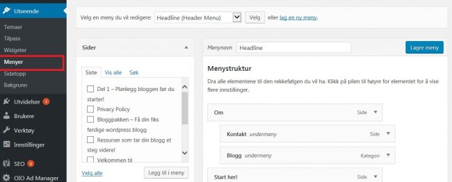 Menyer i wordpress